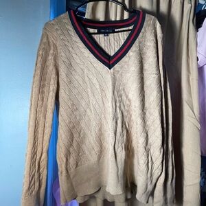Tommy Hilfiger Tan V-Neck Cable Knit Sweater